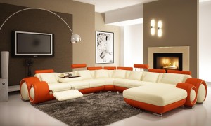 Neutral sofa, coffee table, and accent chairs arranged in a modern living room