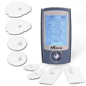 A small handheld TENS unit with electrode wires and patches, used for pain relief.