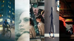 A candid street photo showing a diverse urban moment with people and architectural elements